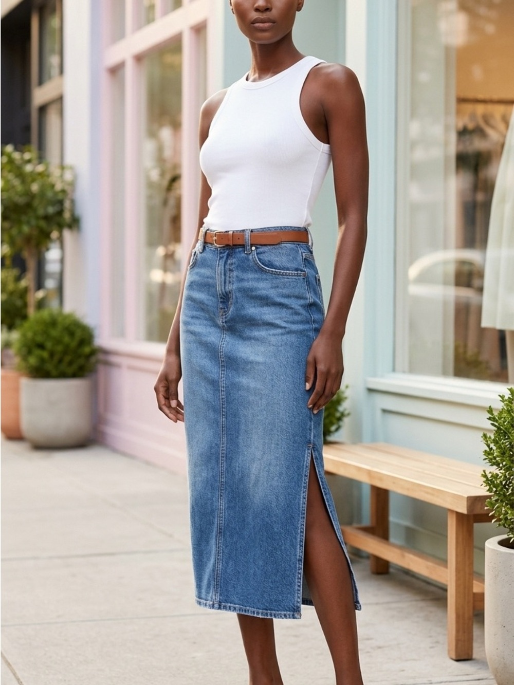 Classic Blue Denim Midi Skirt - Women